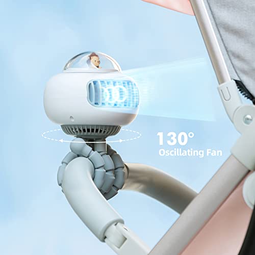 AIMHON Stroller Fan, 130° Oscillating Bladeless Clip On Fan with 4 Speeds, 4 Modes,,3600mAh Rechargeable Portable Fan, Flexible Tripod for Multi-scene Use (White)