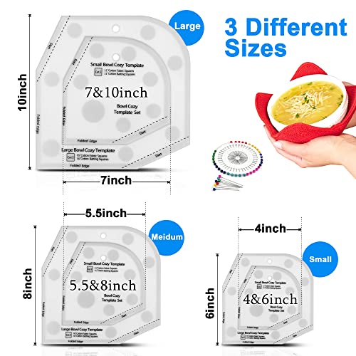 Bowl Cozy Pattern Template Cutting Ruler Set for Sewing, Large Bowl Cozy Template with 40 Pcs Cool Pins and User Manual(3 Sizes)