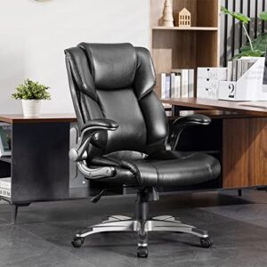 office chair home ergonomic computer hight back executive desk chairs, adjustable height flip-up armrest lumbar support and tilt swivel rocking pu leather chairs with wheels black