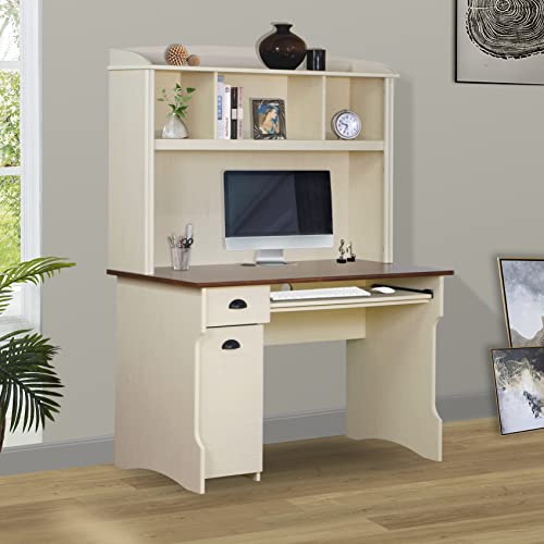 Saint Birch Modern Wood Writing Desk with Hutch in Maple/Antique White