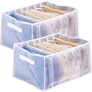 extra large oversize jeans wardrobe clothes organizer, 7 grid mesh closet shelf organizers for jeans pants t-shirts, 17.3-inch with handle foldable drawer storage box bedroom (white, 2pcs upgraded)