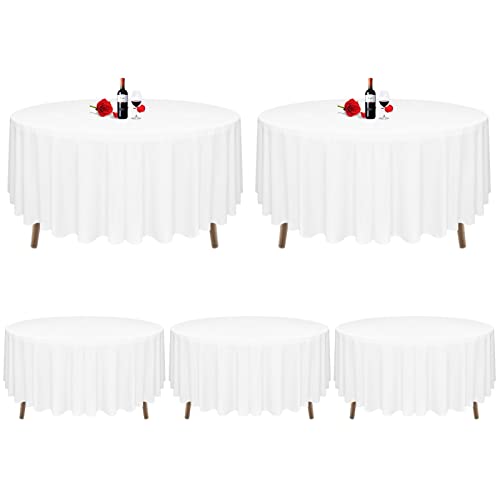 MTREO 5 Pack Round Tablecloth 90 Inch Polyester Round Table Cloths White Wrinkle Resistant Washable Polyester Table Cloth Decorative Fabric Table Cover for Wedding Party Restaurant Buffet Table