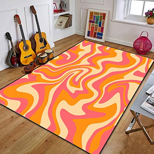 PeeNoke 1970 Wavy Swirl Seamless Orange Pink Colors Hand Drawn Seventies Style Area Rug Outdoor Patio Rug Play Mat Floor Mat Modern Carpet Non-Slip Home Decor Living Room Bedroom Nursery, 6x9 ft