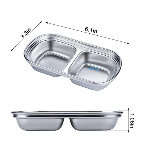 FATEE 4 Pcs Soy Sauce Dish Stainless Steel Dual Dipping Sauce Cups, Seasoning Dishes Appetizer Serving Tray for Restaurant Kitchen,Soy Sauce, Ketchup, BBQ Sauce