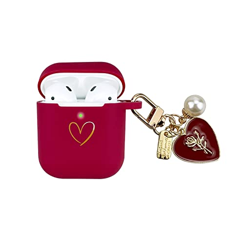 AIIEKZ Compatible with AirPods Case Cover, Soft Silicone Case with Gold Heart Pattern for AirPods 2&1 Generation Case with Vintage Roses Pearl Keychain for Girls Women (Burgundy)