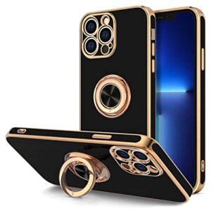 hython case for iphone 13 pro max case with ring stand [360°rotatable ring holder magnetic kickstand] [plated rose gold edge] slim soft tpu cover luxury protective phone case for women men, black