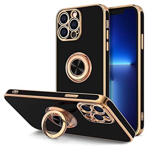 Hython Case for iPhone 13 Pro Max Case with Ring Stand [360°Rotatable Ring Holder Magnetic Kickstand] [Plated Rose Gold Edge] Slim Soft TPU Cover Luxury Protective Phone Case for Women Men, Black