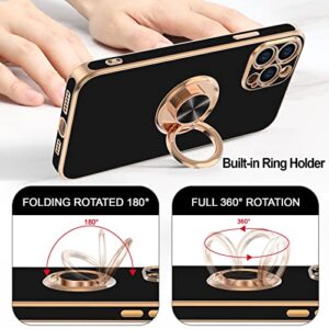Hython Case for iPhone 13 Pro Max Case with Ring Stand [360°Rotatable Ring Holder Magnetic Kickstand] [Plated Rose Gold Edge] Slim Soft TPU Cover Luxury Protective Phone Case for Women Men, Black