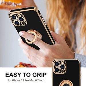 Hython Case for iPhone 13 Pro Max Case with Ring Stand [360°Rotatable Ring Holder Magnetic Kickstand] [Plated Rose Gold Edge] Slim Soft TPU Cover Luxury Protective Phone Case for Women Men, Black
