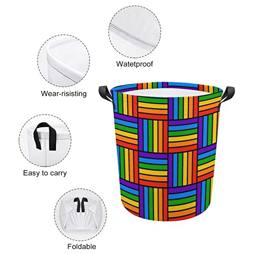 Rainbow Waterproof Laundry Baskets Colorful Lines Collapsible Laundry Hamper with Handles Large Round Toy Bin for Dirty Clothes,Kids Toys,Bedroom,Bathroom