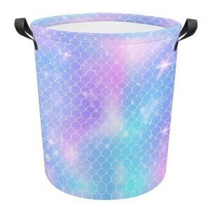 Glitter Mermaid Rainbow Laundry Baskets Magic Fish Tail Sparkles printed Collapsible Waterproof Laundry Hamper with Handles Round Toy storage for Dirty Clothes Kids Toys Bedroom Bathroom