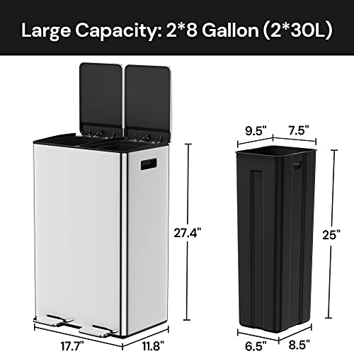 SunsGrove Kitchen Trash Can 16 Gallon, Dual Garbage Bin Recycle Combo, in-Home Recycling Bin with Dual Compartments, Slim Stainless Steel, 60L Trash Bin for Kitchen/Office, Silver