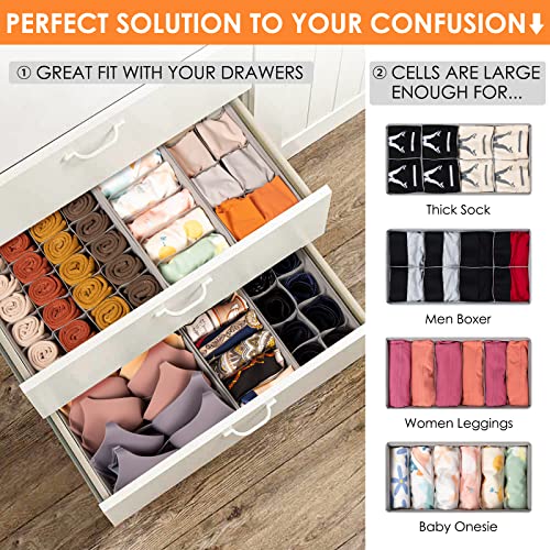 6 Pack Sock Underwear Drawer Organizer Dividers, 58 Cell Foldable Fabric Dresser Closet Organizers and Storage Bins for Clothing, Baby Clothes, Bra, Panty, Scarf, Ties (Grey)