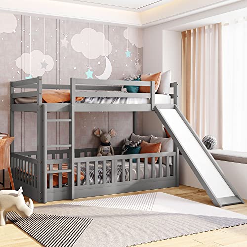 Merax Twin Over Twin Bunk Bed with Slide and Ladder, No Box Spring Needed, Gray