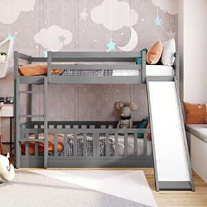 Merax Twin Over Twin Bunk Bed with Slide and Ladder, No Box Spring Needed, Gray