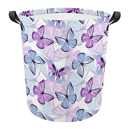 Purple Blue Butterflies Laundry Baskets Collapsible Waterproof Laundry Hamper with Handles Round Toy Bin for Dirty Clothes,Kids Toys,Bedroom,Bathroom
