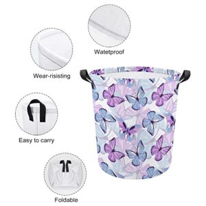 Purple Blue Butterflies Laundry Baskets Collapsible Waterproof Laundry Hamper with Handles Round Toy Bin for Dirty Clothes,Kids Toys,Bedroom,Bathroom