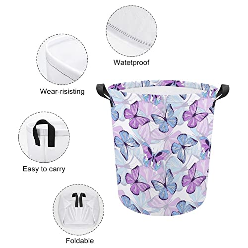 Purple Blue Butterflies Laundry Baskets Collapsible Waterproof Laundry Hamper with Handles Round Toy Bin for Dirty Clothes,Kids Toys,Bedroom,Bathroom