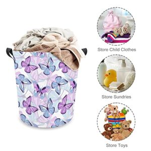 Purple Blue Butterflies Laundry Baskets Collapsible Waterproof Laundry Hamper with Handles Round Toy Bin for Dirty Clothes,Kids Toys,Bedroom,Bathroom