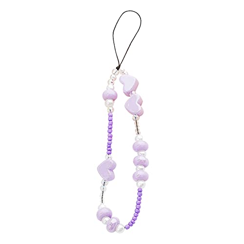 oAutoSjy Mobile Phone Chain Strap Pearl Heart Beads Phone Case Charm Chain Beaded Mobile Phone Lanyard Wrist Strap Anti-Lost Phone String Decor Rope Bracelet Keychain Charm for Women Girls Purple