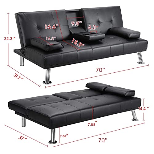 Futon Sofa Bed, Upholstered Convertible Folding Sleeper Sofa with Removable Armrests, Modern Futon Couch for Living Room, Bedroom, 2 Cupholders, Metal Legs-Black+PU