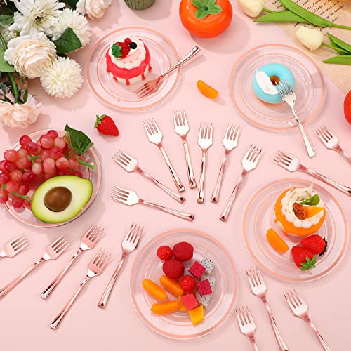 300 Pieces Plastic Dessert Plate Sets 150 Fork and 150 Small Clear Cake Plate Rim Disposable Plate Round Plastic Dessert Party Plate 6 Inch Fancy Salad Plate Appetizer Plate for Wedding (Rose Gold)