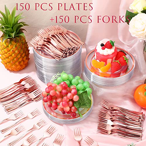 300 Pieces Plastic Dessert Plate Sets 150 Fork and 150 Small Clear Cake Plate Rim Disposable Plate Round Plastic Dessert Party Plate 6 Inch Fancy Salad Plate Appetizer Plate for Wedding (Rose Gold)