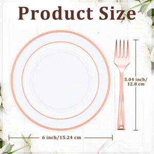 300 Pieces Plastic Dessert Plate Sets 150 Fork and 150 Small Clear Cake Plate Rim Disposable Plate Round Plastic Dessert Party Plate 6 Inch Fancy Salad Plate Appetizer Plate for Wedding (Rose Gold)