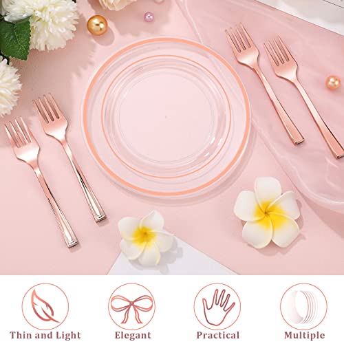 300 Pieces Plastic Dessert Plate Sets 150 Fork and 150 Small Clear Cake Plate Rim Disposable Plate Round Plastic Dessert Party Plate 6 Inch Fancy Salad Plate Appetizer Plate for Wedding (Rose Gold)