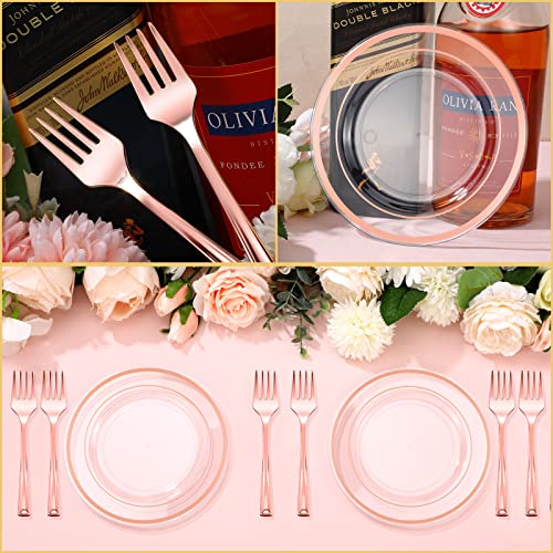 300 Pieces Plastic Dessert Plate Sets 150 Fork and 150 Small Clear Cake Plate Rim Disposable Plate Round Plastic Dessert Party Plate 6 Inch Fancy Salad Plate Appetizer Plate for Wedding (Rose Gold)