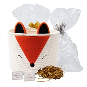 cute fox basket, cotton rope basket small gift baskets empty making kit, baby nursery basket for toys, clothes, gifts, towels, kids laundry basket, kids room organizer, diy gift basket for baby shower