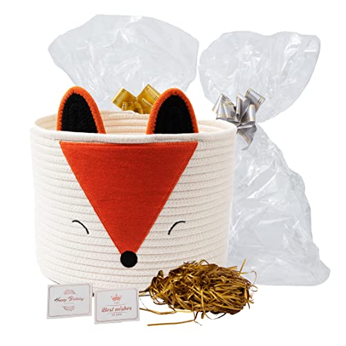 Cute Fox Basket, Cotton Rope Basket Small Gift Baskets Empty Making Kit, Baby Nursery Basket for Toys, Clothes, Gifts, Towels, Kids Laundry Basket, Kids Room Organizer, DIY Gift Basket for Baby Shower