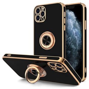 hython case for iphone 11 pro max case with ring stand [360°rotatable ring holder magnetic kickstand] [shiny plated rose gold edge] soft tpu cover luxury protective phone case for women men, black