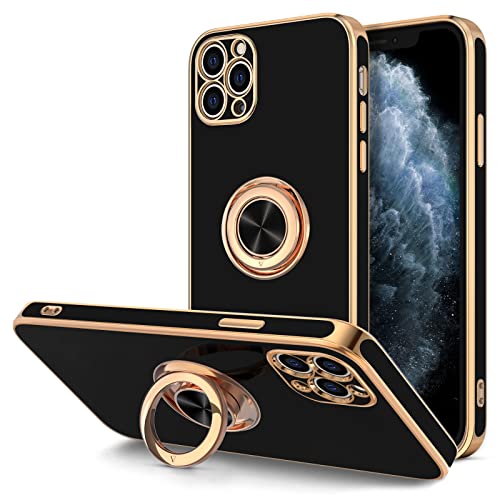 Hython Case for iPhone 11 Pro Max Case with Ring Stand [360°Rotatable Ring Holder Magnetic Kickstand] [Shiny Plated Rose Gold Edge] Soft TPU Cover Luxury Protective Phone Case for Women Men, Black