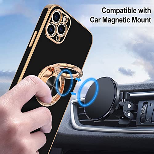 Hython Case for iPhone 11 Pro Max Case with Ring Stand [360°Rotatable Ring Holder Magnetic Kickstand] [Shiny Plated Rose Gold Edge] Soft TPU Cover Luxury Protective Phone Case for Women Men, Black