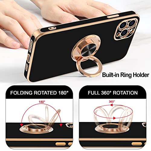 Hython Case for iPhone 11 Pro Max Case with Ring Stand [360°Rotatable Ring Holder Magnetic Kickstand] [Shiny Plated Rose Gold Edge] Soft TPU Cover Luxury Protective Phone Case for Women Men, Black