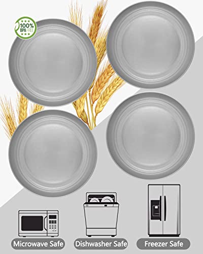 KITWILD Wheat Straw Plates, Unbreakable Dinner Plates, Lightweight Plastic Plates Reusable Plates Set, BPA free, Dishwasher & Microwave Safe, Perfect for Dinner Dishes (4 Pack, Gray)