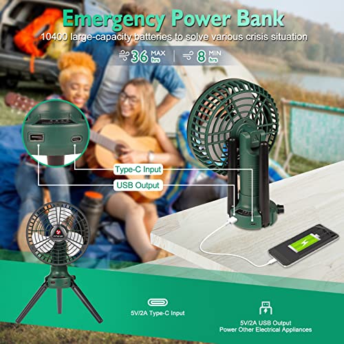 SISMEL Portable Camping Fan with Light, 10400mAh Rechargeable Battery Operated Fan, Stepless Speed and Small Quiet Outdoor Tent Fan, USB Oscillating Fan for Bedroom Bedside, Camp Tents, Office Desk