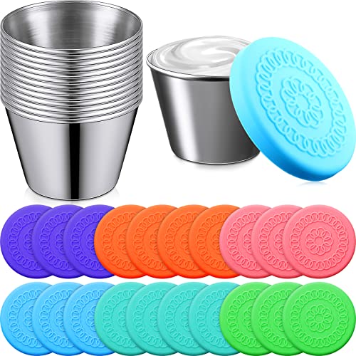 Potchen 20 Pack Dipping Cups with Lid, 2.5 oz Stainless Steel Dipping Sauce Cups, Condiment Containers with Lid, Freezer Cups with Leakproof Silicone Lid, Sauce Cups with Lid, Mini Food Storage Box