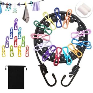 portable clothesline with 12 colorful clothespins, windproof travel clothesline stretchy retractable elastic laundry clothes line for backyard, vacation hotel, balcony and indoor use