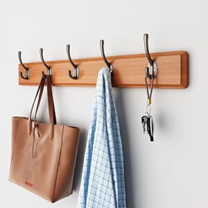 spotact wall mounted coat rack rustic 19.29*2.99*1.97 inch wooden wall hanger heavy duty hanging dual hooks for jacket hat towel purse bag for bedroom bathroom entryway (5 hooks, cherry wood color)