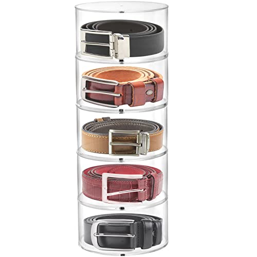 ZENFUN 5 Layers Acrylic Belt Organizer with Magnet Lids, Stackable Belt Storage Box Clear Display Case Round Vanity Organizer for Watch, Hair Accessories, Jewelry, Closet and Drawer, 3" H x 5" Dia