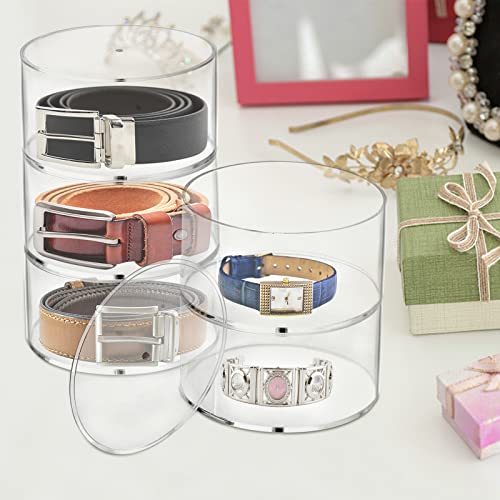 ZENFUN 5 Layers Acrylic Belt Organizer with Magnet Lids, Stackable Belt Storage Box Clear Display Case Round Vanity Organizer for Watch, Hair Accessories, Jewelry, Closet and Drawer, 3" H x 5" Dia