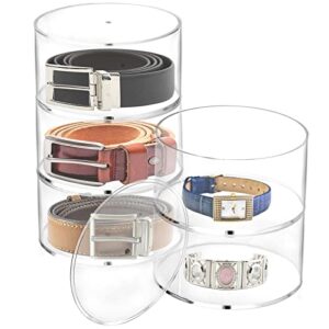 ZENFUN 5 Layers Acrylic Belt Organizer with Magnet Lids, Stackable Belt Storage Box Clear Display Case Round Vanity Organizer for Watch, Hair Accessories, Jewelry, Closet and Drawer, 3" H x 5" Dia