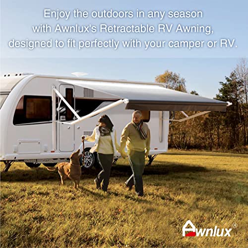 Awnlux White Motorized Modular Retractable RV Awning Full Set Assemblies for RV, 5th Wheel, Travel Trailers, Toy Haulers, and Motorhome - RV Trailer Awning for Home or Camper - 14x8 Ft - Blue Strip