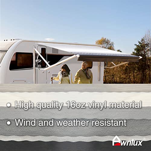 Awnlux White Motorized Modular Retractable RV Awning Full Set Assemblies for RV, 5th Wheel, Travel Trailers, Toy Haulers, and Motorhome - RV Trailer Awning for Home or Camper - 14x8 Ft - Blue Strip