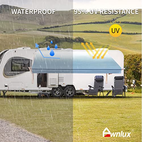 Awnlux White Motorized Modular Retractable RV Awning Full Set Assemblies for RV, 5th Wheel, Travel Trailers, Toy Haulers, and Motorhome - RV Trailer Awning for Home or Camper - 14x8 Ft - Blue Strip