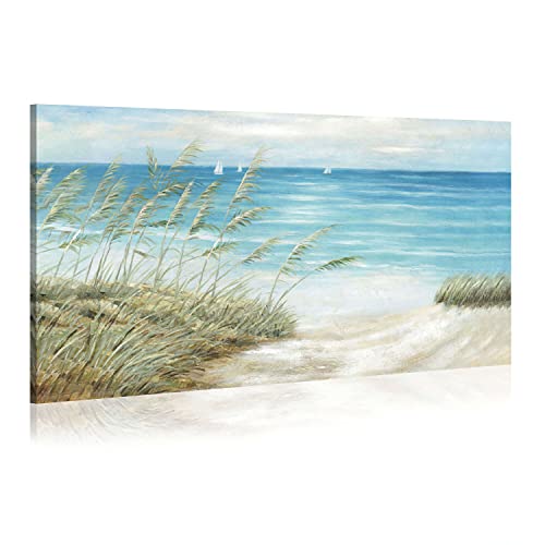 Coastal Picture Beach Wall Art: Abstract Seascape Path Painting Large Sea Scene Artwork Elegant Blue Ocean Nature Prints Seaside Photo for Bedroom Bathroom Office Living Room