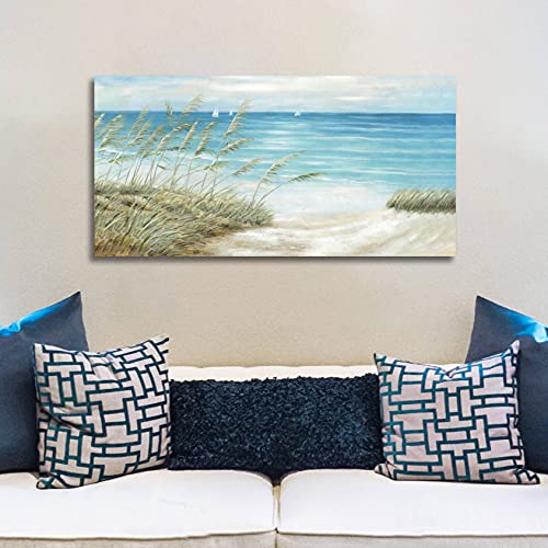 Coastal Picture Beach Wall Art: Abstract Seascape Path Painting Large Sea Scene Artwork Elegant Blue Ocean Nature Prints Seaside Photo for Bedroom Bathroom Office Living Room