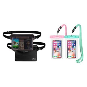 airuntech waterproof pouch | way to keep your phone and valuables safe and dry | for boating swimming snorkeling kayaking beach pool (2 phone cases(green + pink) + 2 fanny packs(black+gray))
